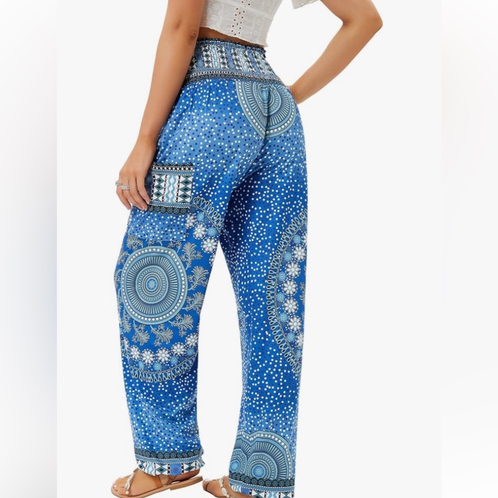 Harem Pants Women Yoga Boho Clothes with Pockets circle blue - Picture 2 of 3